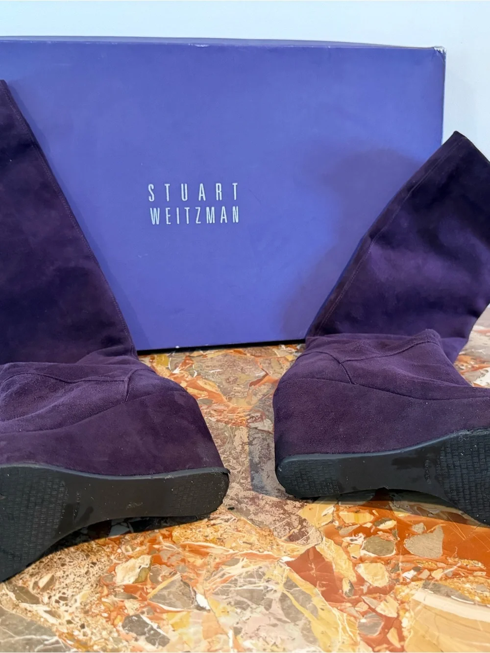 Stuart Weitzman Purple Suede Knee-High Wedge Boots